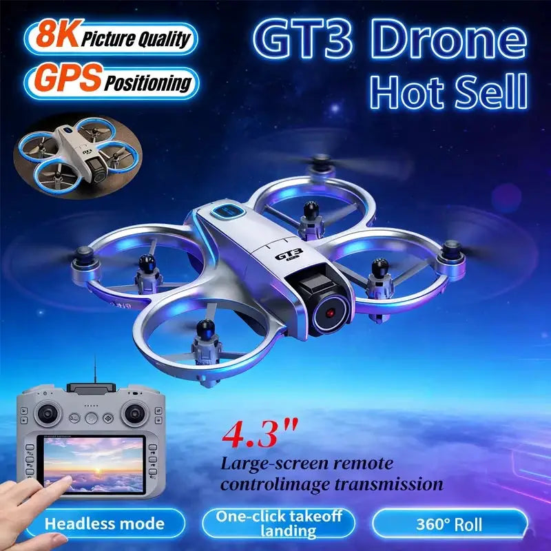 GT3 MAX drone quadcopter with 4.3-inch screen remote; two drones shown with blue LED-ringed props