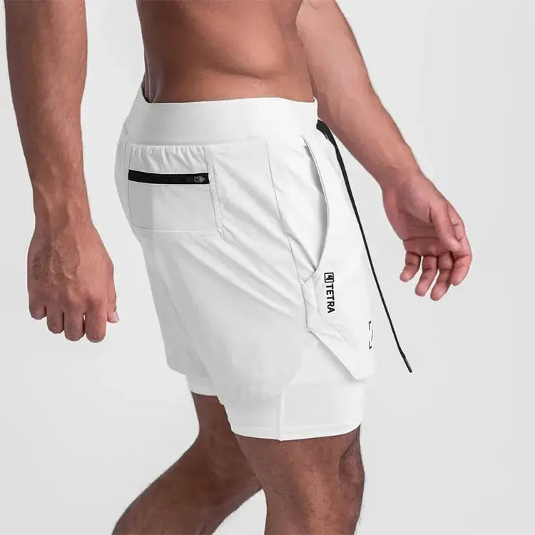 ASRV 2-in-1 quick-dry gym shorts in white with inner liner and black drawstring; ETERA logo on side pocket.
