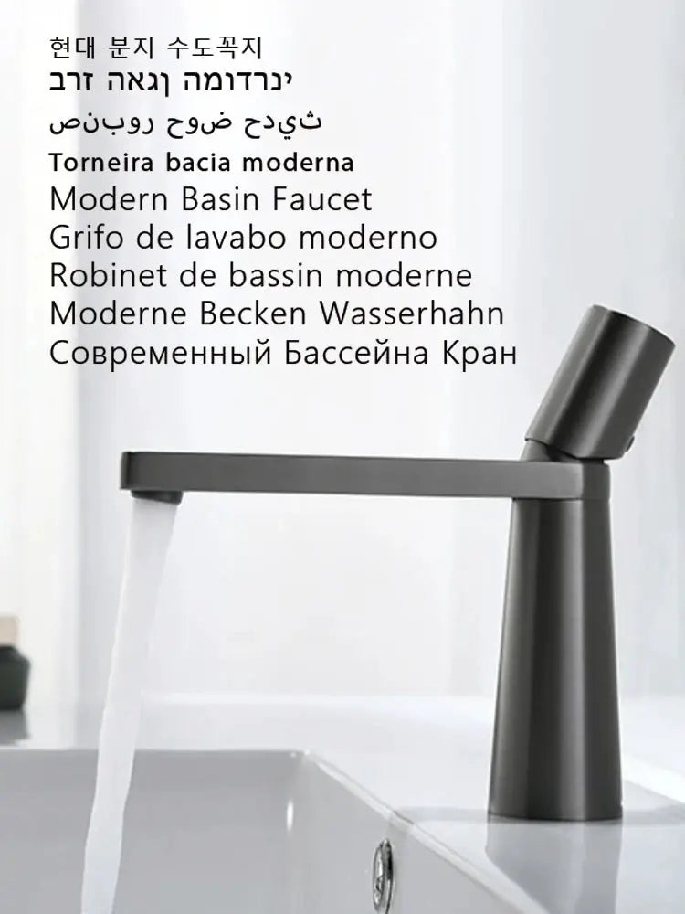 Modern basin faucet in gunmetal gray with a single-handle, tall cylindrical body and horizontal spout for a washbasin.