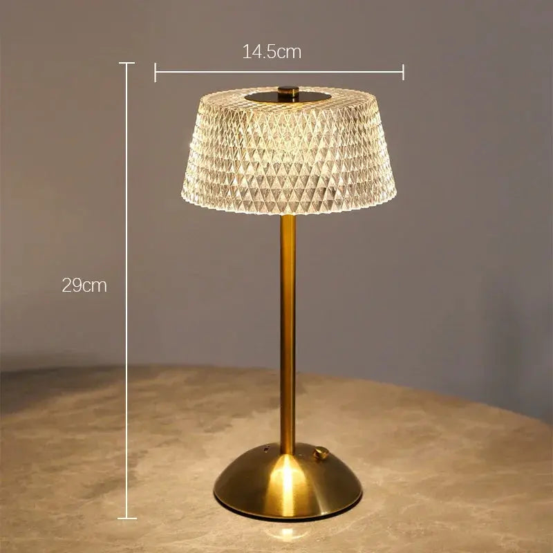 Rechargeable LED night light table lamp with glass diamond-pattern shade and brass base, 29 cm tall