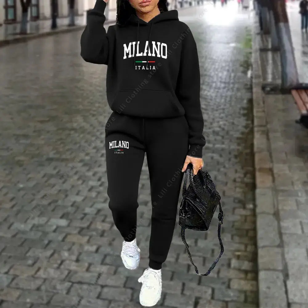 Autumn Winter 2pc Hoodie Pants Tracksuit Milano Letter Print Aesthetic