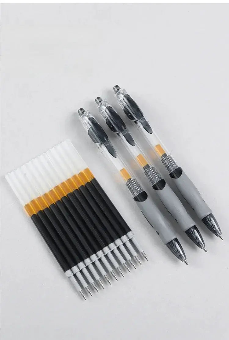 Simples Market 30pc retractable gel pen set with black, red, and blue ink; transparent barrels and gray grips