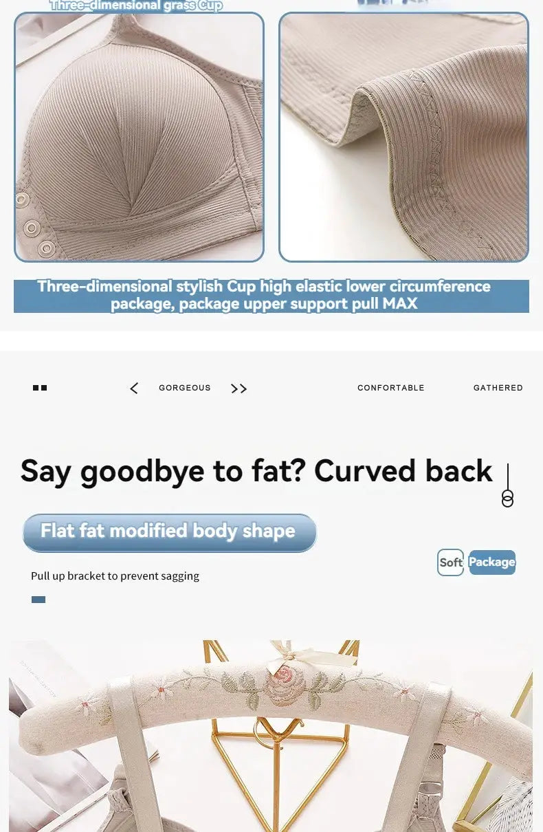 Nude front-buckle push-up women's bra with adjustable straps and breathable cups