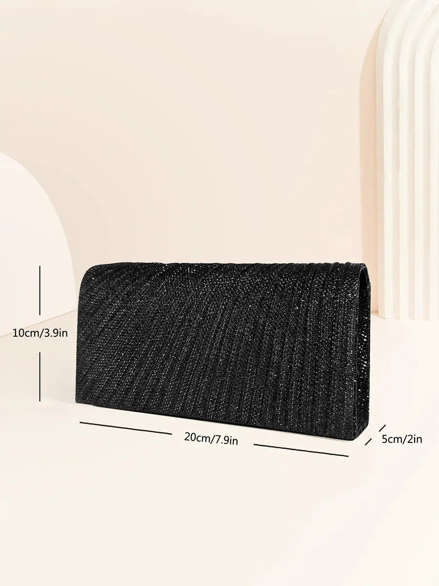 Black glitter envelope evening bag, compact women’s clutch with a shimmering surface