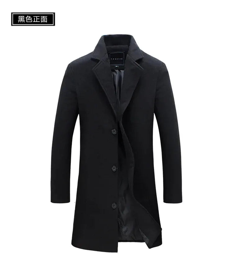 Men's black wool overcoat by Simples Market, mid-length single-breasted trench with lapel