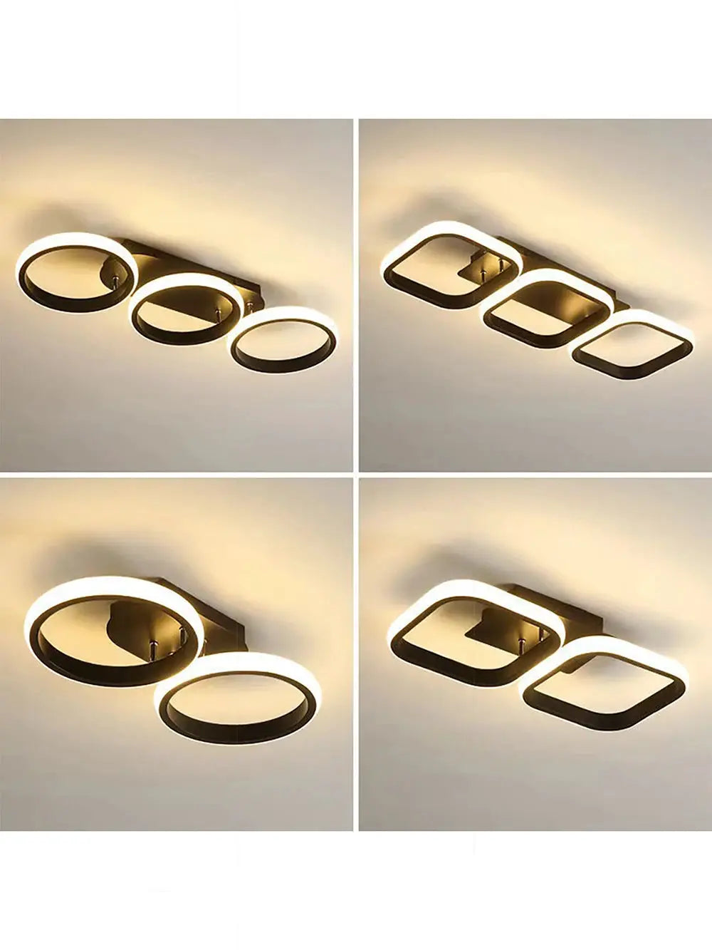 LED ceiling light by Simples Market: modern ring fixture with circular and square shapes, dark metal finish, warm white light.