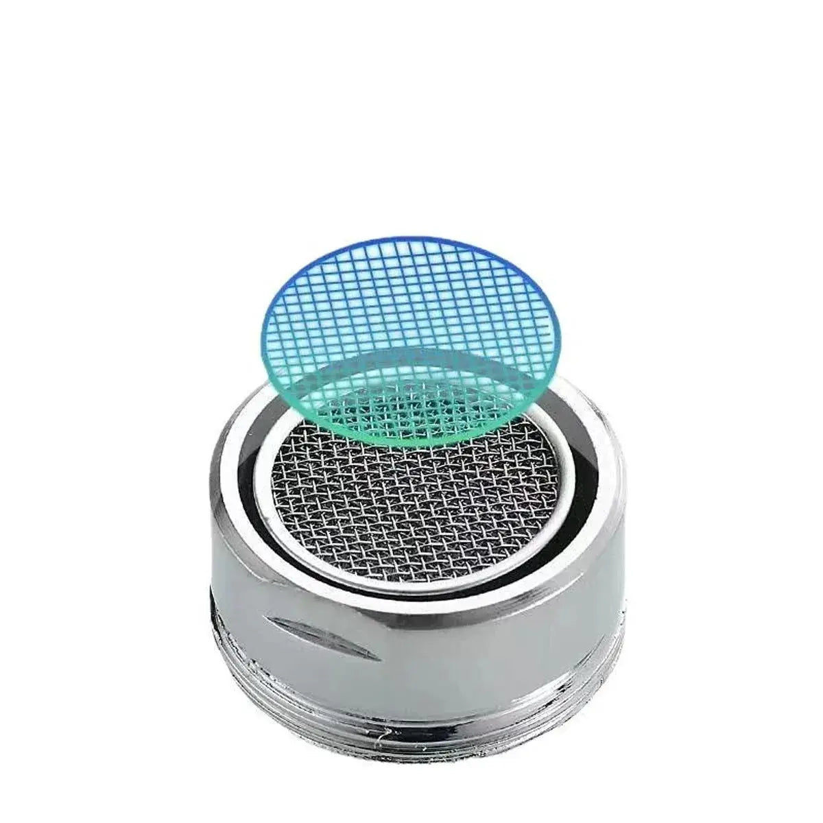Faucet aerator with replaceable blue mesh disc and chrome body by Simples Market