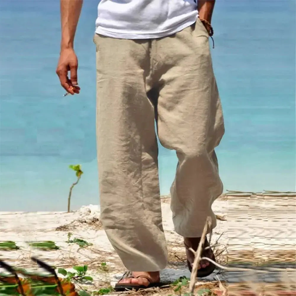 Men's Beach Pants Breathable Loose Straight Trousers Summer Casual Solid Color Japanese Streetwear