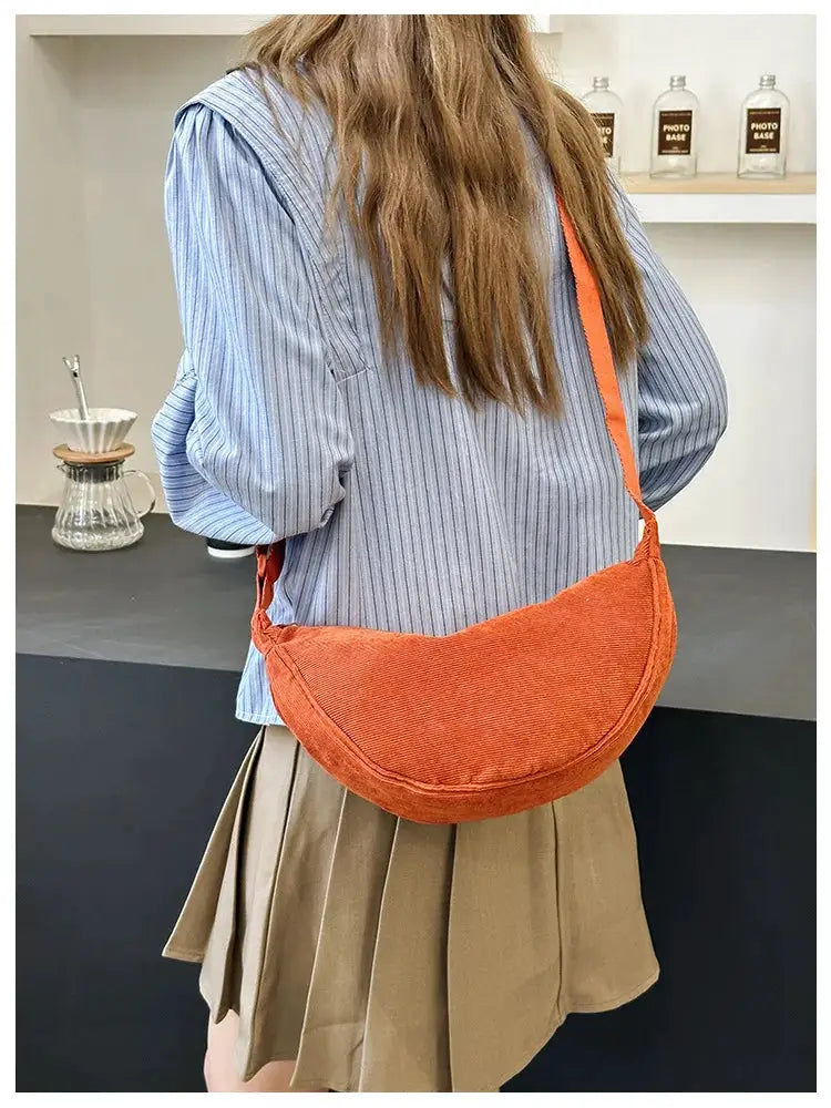 Corduroy hobo shoulder bag for women in orange, retro casual crossbody style