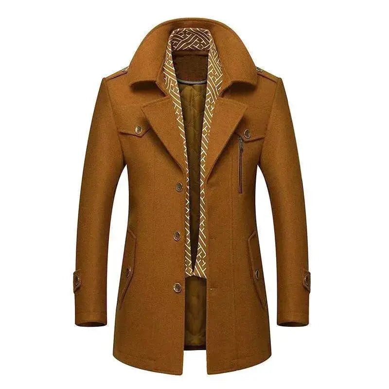 Men's camel wool coat, mid-length trench style with scarf collar and padded inner lining