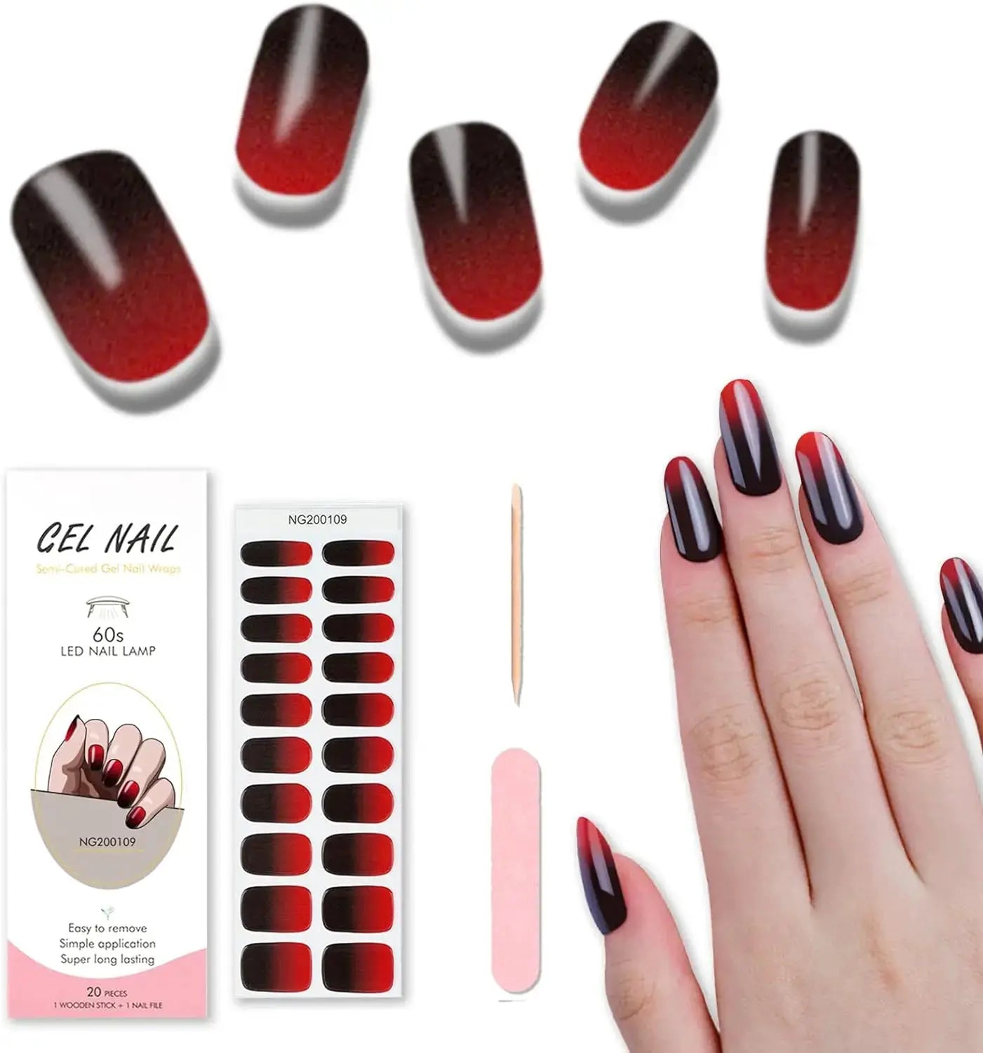Gel nail wraps set, 20-piece, full-coverage gradient red-to-black nails; includes nail file and wooden stick