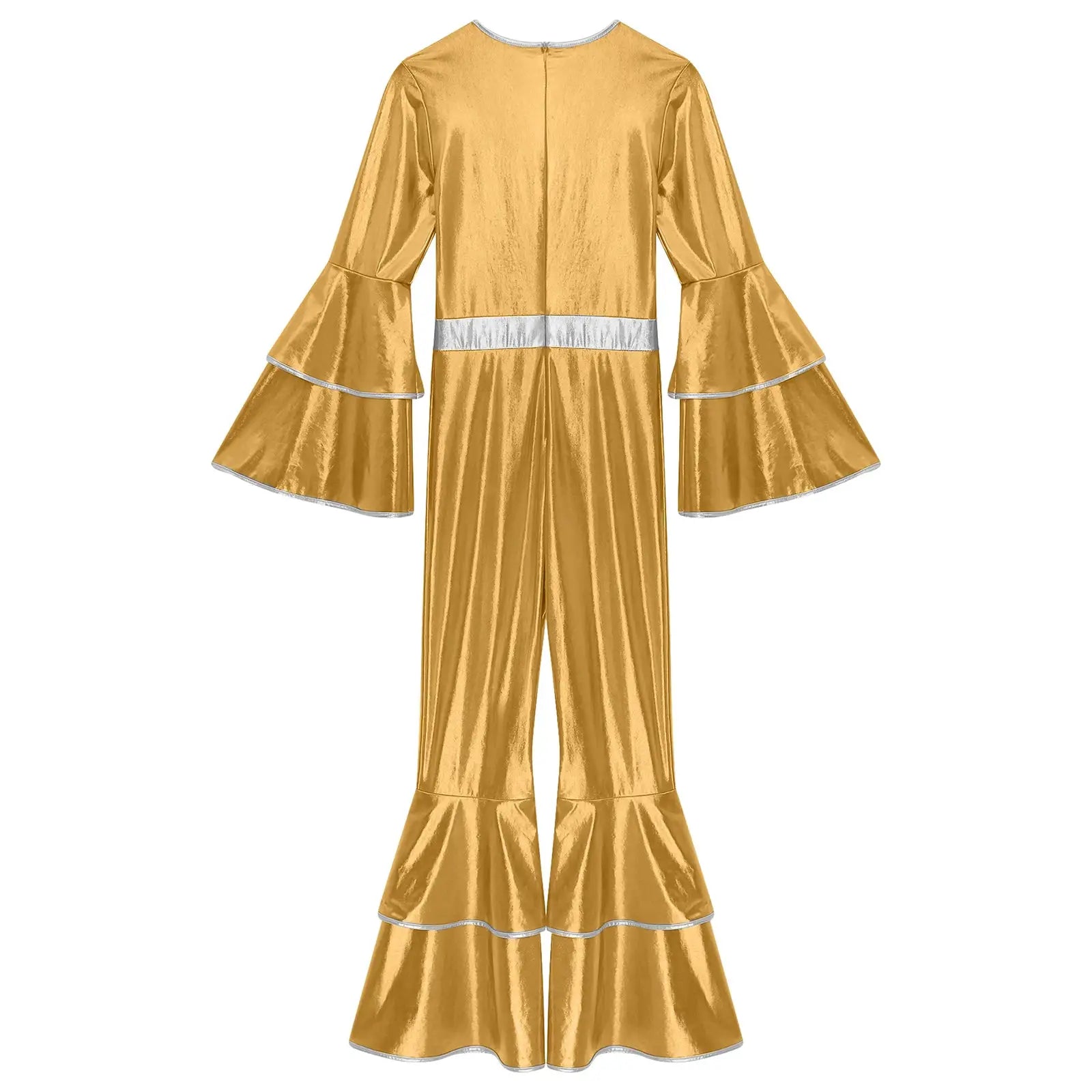 Gold metallic disco jumpsuit with flared bell sleeves and wide-leg pants, silver trim at waist and cuffs.