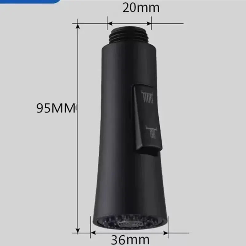 Simples Market black kitchen faucet pull-out spray head with aerator, 95mm tall, 36mm diameter.