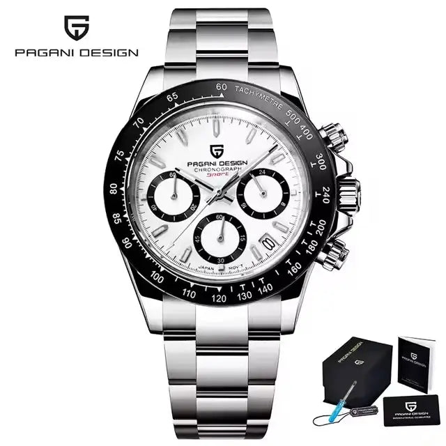 Pagani Design PD1644 men's stainless steel chronograph watch with white dial, black bezel, sapphire glass; includes box
