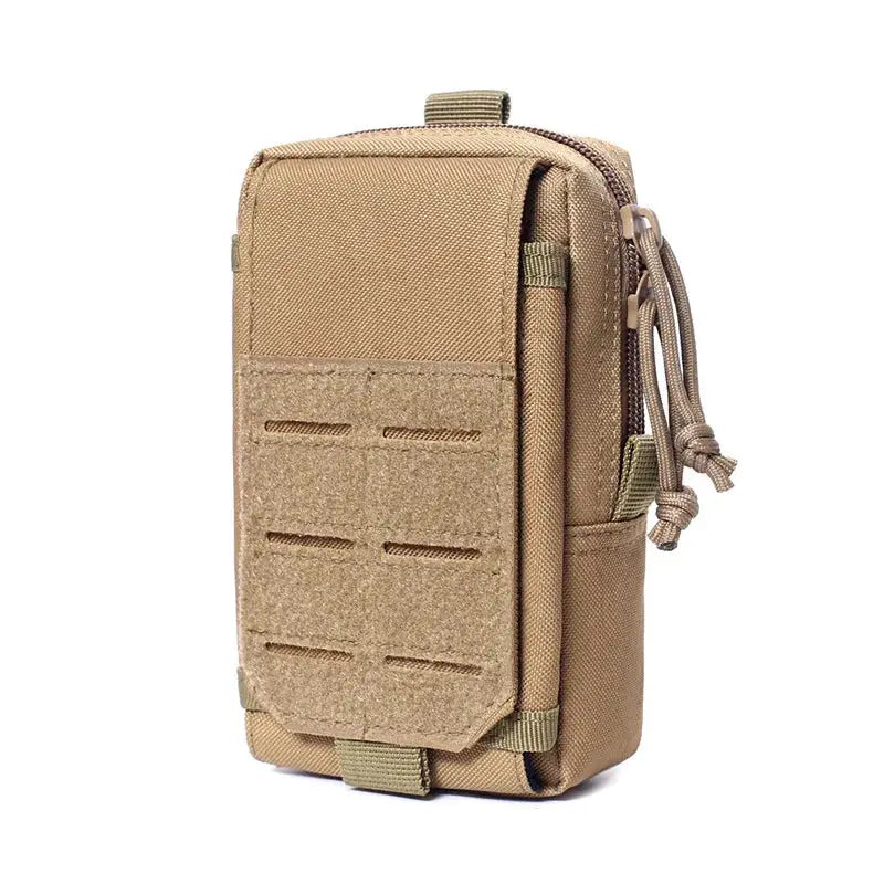 Tactical MOLLE pouch waist bag in tan nylon for outdoor EDC gear.