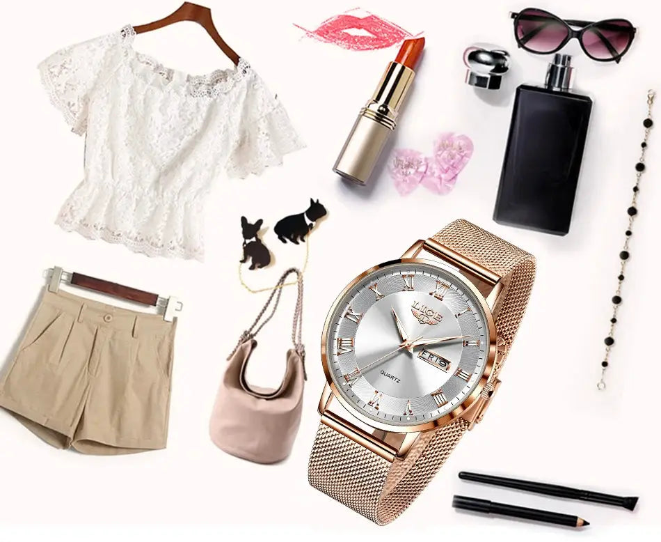 LIGE women's luxury quartz watch with rose-gold mesh bracelet and silver dial