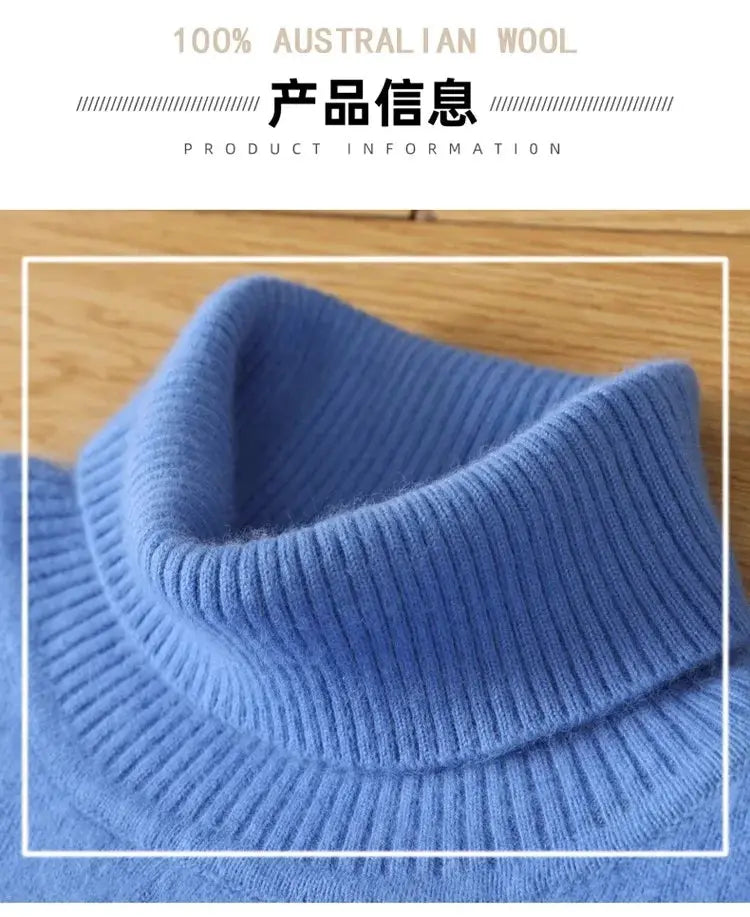 Men's blue ribbed knit turtleneck sweater, long-sleeve pullover with soft fabric close-up.