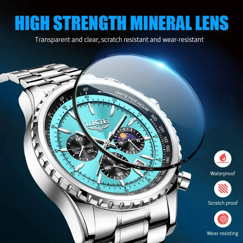 LIGE men's luxury stainless steel watch with turquoise dial, chronograph, waterproof