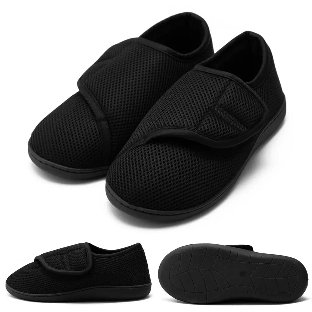 Simples Market Unisex diabetic shoes, black mesh slip-on sneakers with hook-and-loop strap