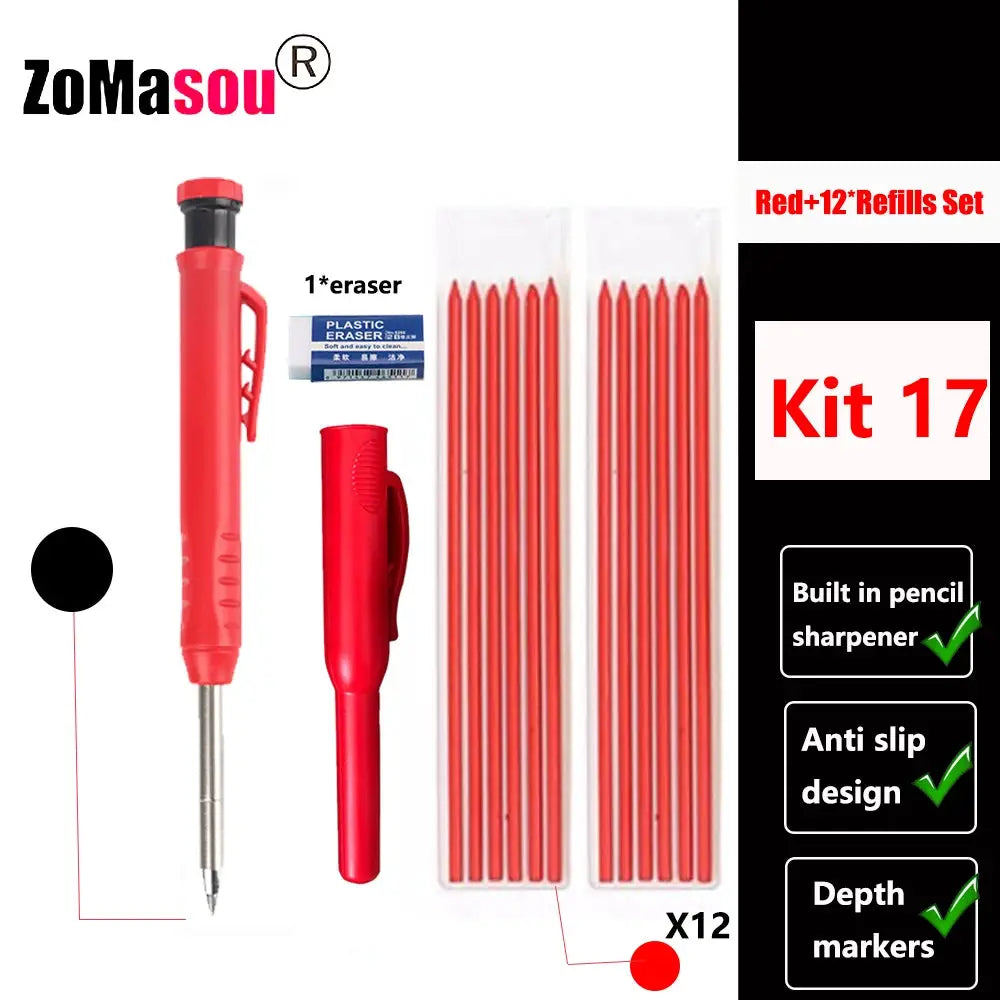 Top Solid carpenter mechanical pencil set with long head, built-in sharpener, 12 red refills and eraser