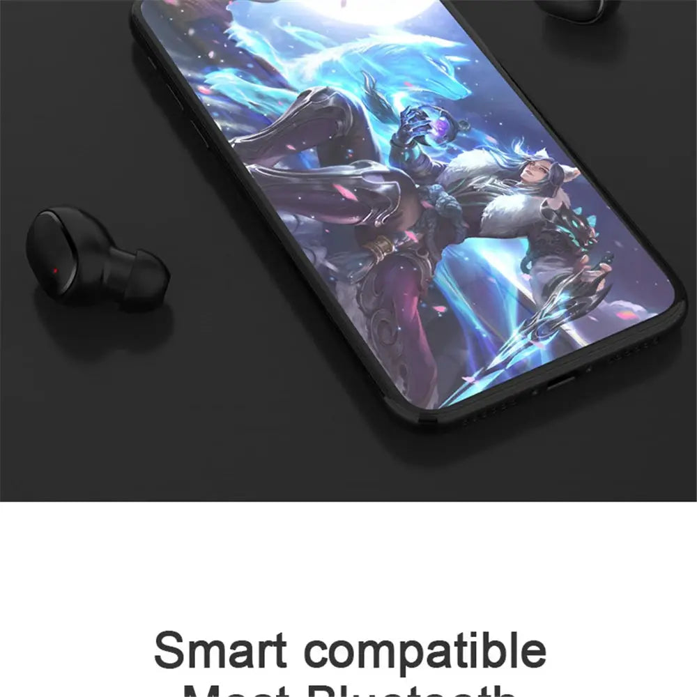 A6S wireless Bluetooth earphones, pair of black earbuds with touch control and LED display for mobile phones.