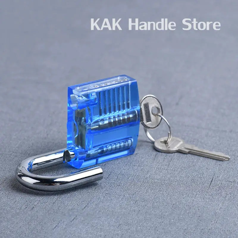 KAK Transparent Practice Padlock with Keys, blue translucent plastic, 80x50mm locksmith training tool.