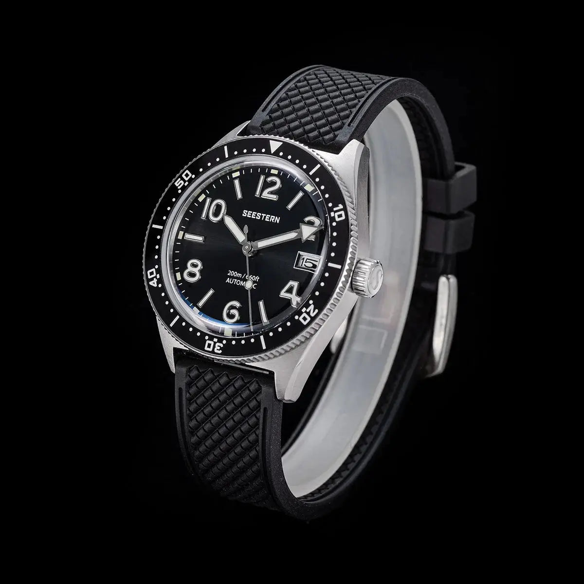 SEESTERN Diver men's watch, black dial, stainless steel case, black rubber strap, 200m water resistant, NH35A automatic
