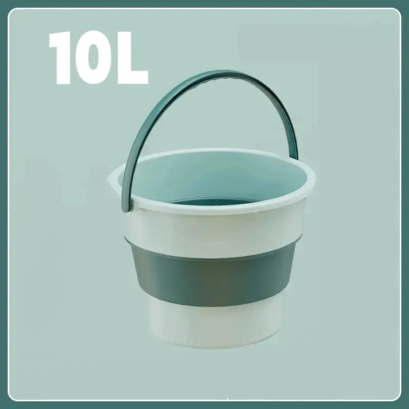 10L folding silicone bucket with cover Simples Market; white with gray band and blue interior for car wash and camping