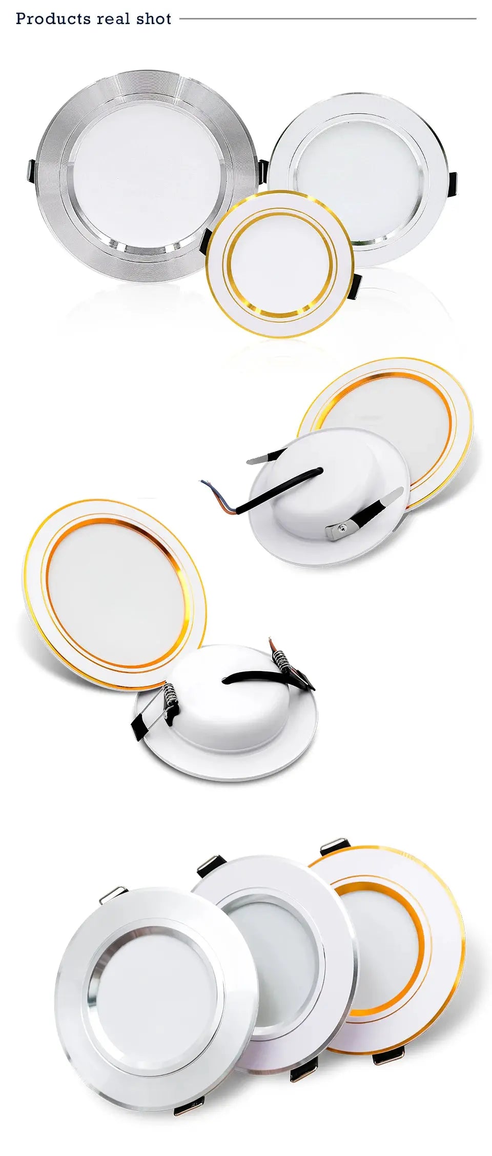 Set of recessed round LED downlights in silver and white finishes with gold and orange rings for home decor