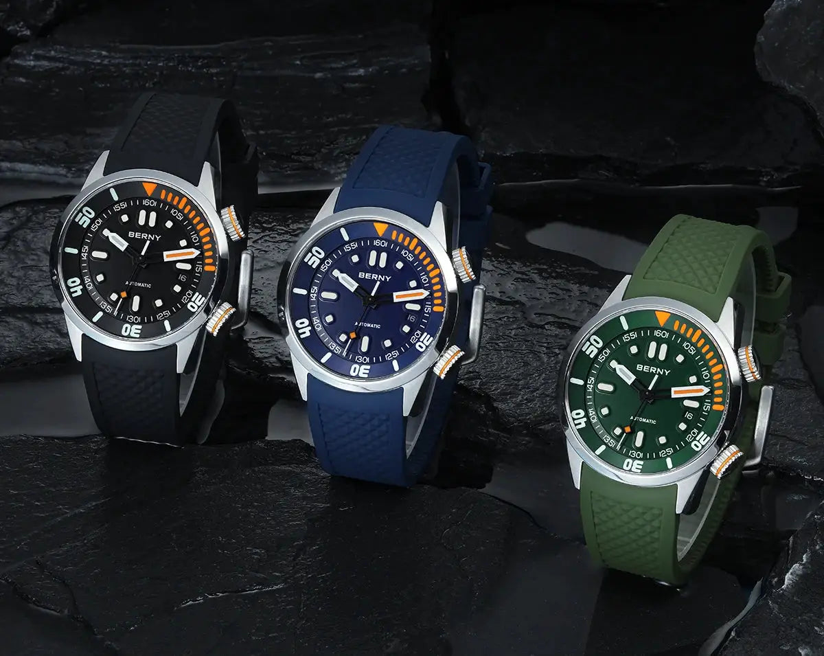 BERNY automatic dive watches for men; three models in black, blue, and green with silicone straps, 20ATM