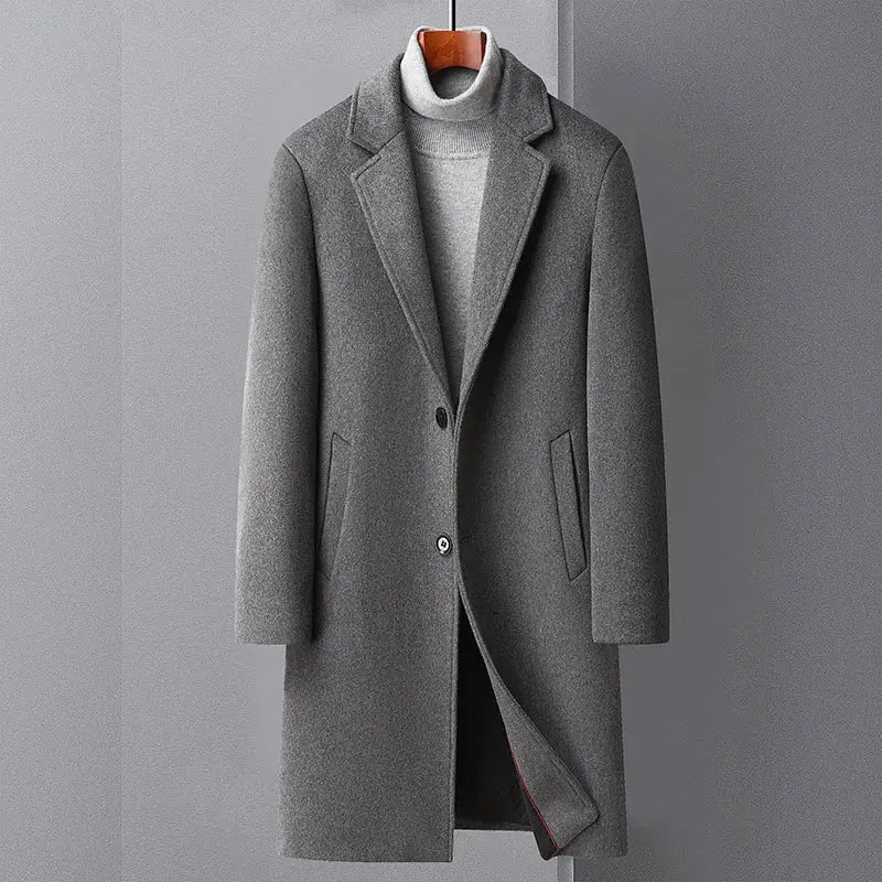 Men's wool trench coat, long gray winter jacket with lapels, sizes M–4XL