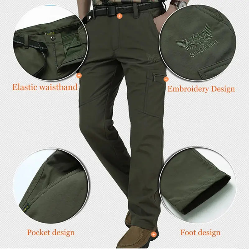 Tactical cargo pants by Simples Market, olive green fleece-lined workwear with cargo pockets and elastic waistband