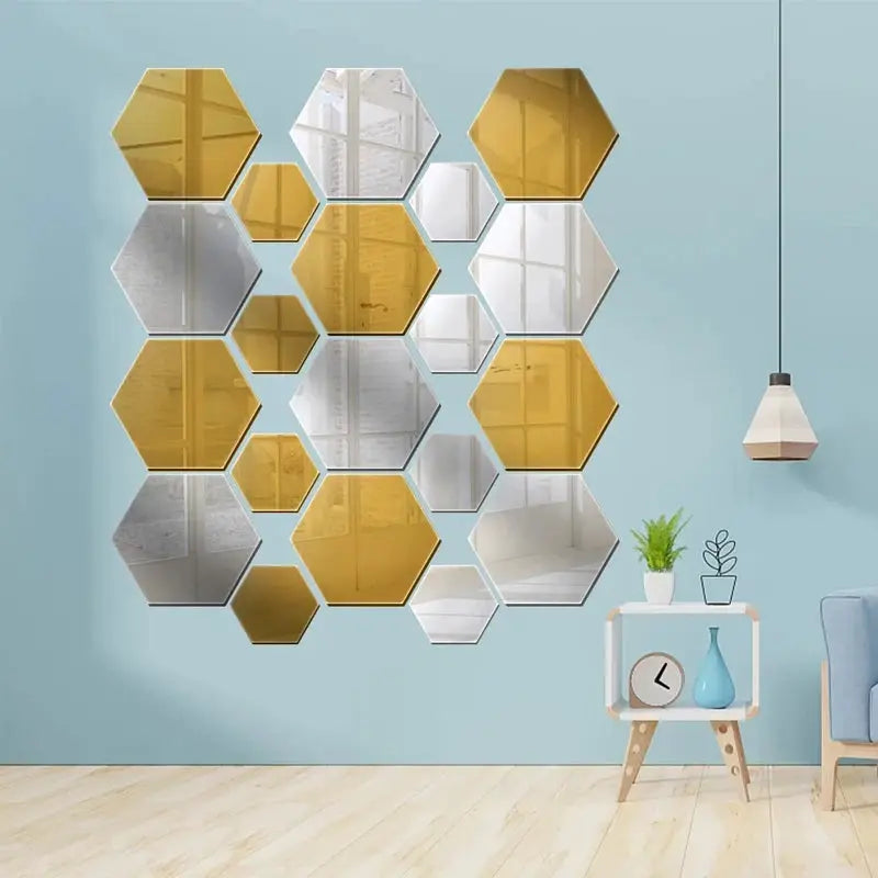 Hexagonal acrylic mirror wall stickers, 12-piece set in gold and silver tiles for modern decor by Simples Market