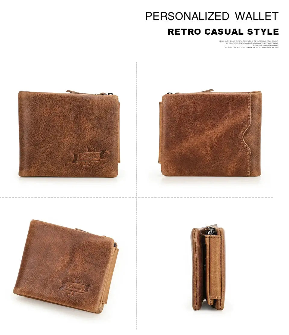 CONTACT'S men's wallet in genuine Crazy Horse brown cowhide leather with zip coin pocket.