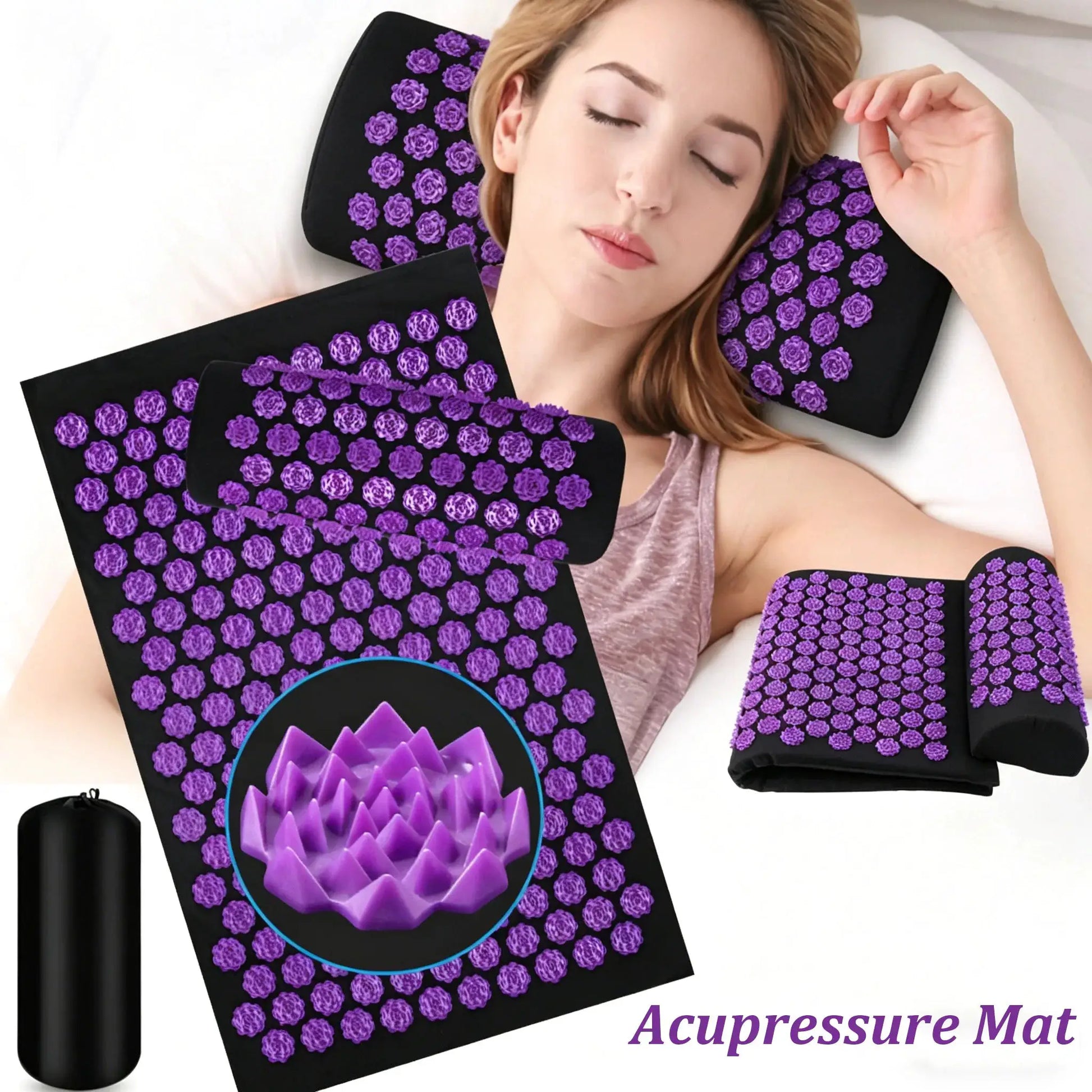Acupressure mat with Kuznetsov's spike pad and purple-studded cushions set