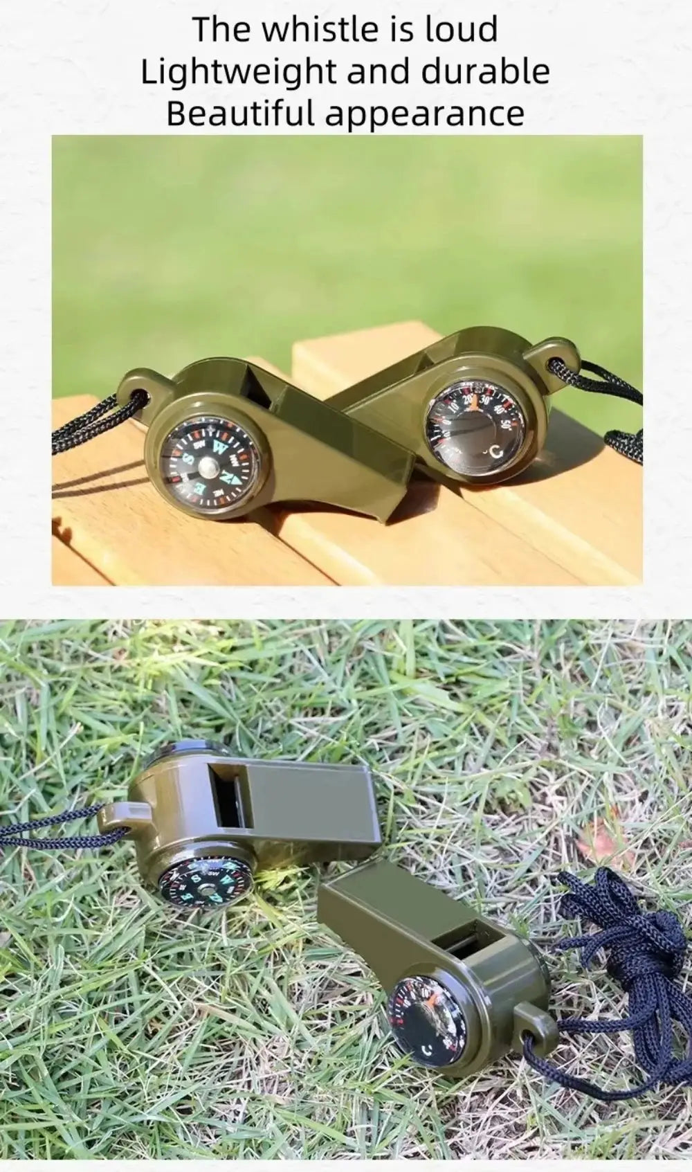 2-pack 3in1 outdoor emergency whistle with compass and thermometer, olive green with black cords by Simples Market