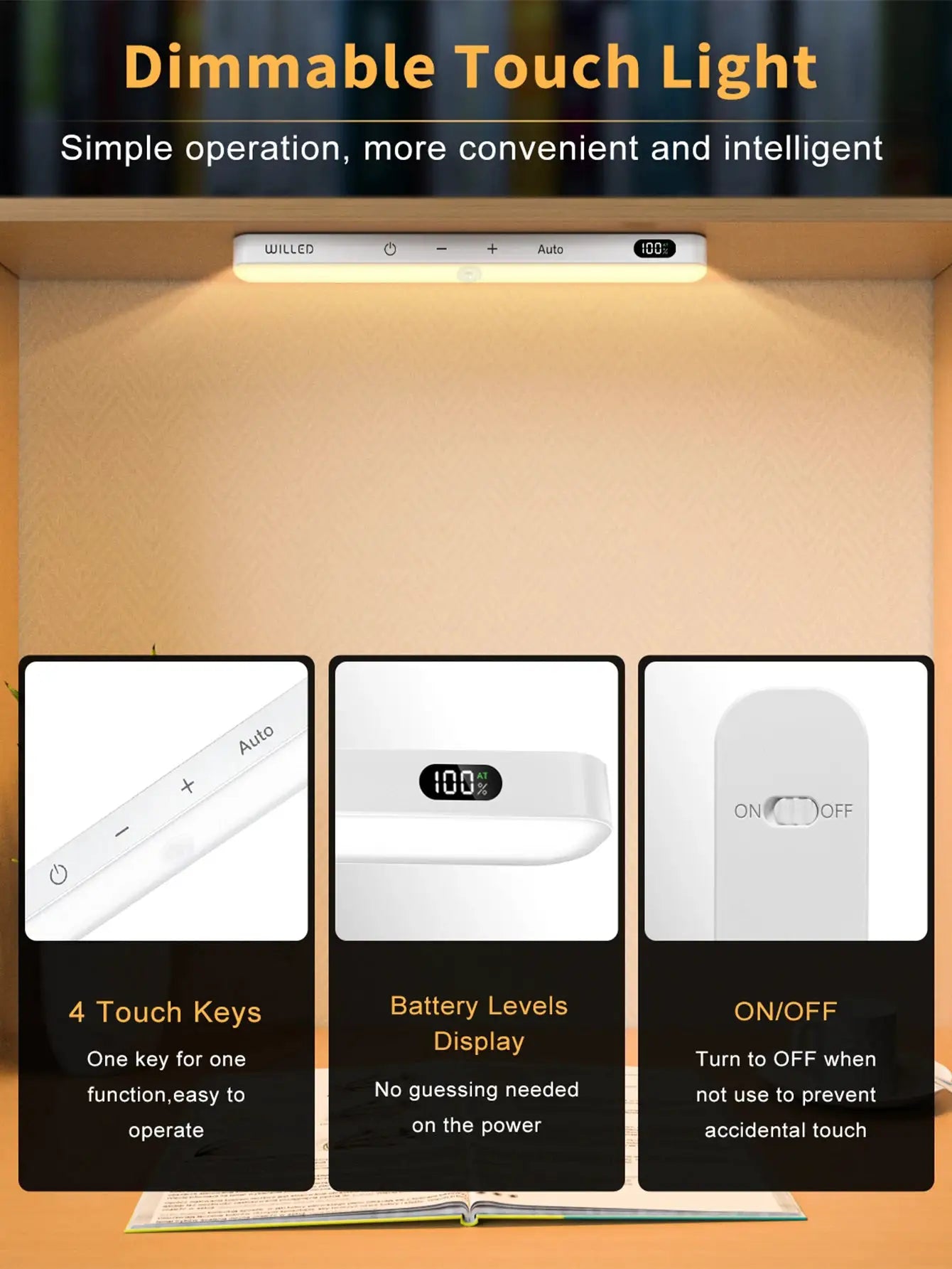 WILLED Warm Light Motion Sensor Cabinet Light, 60 LED, wireless rechargeable under-cabinet lighting by Simples Market