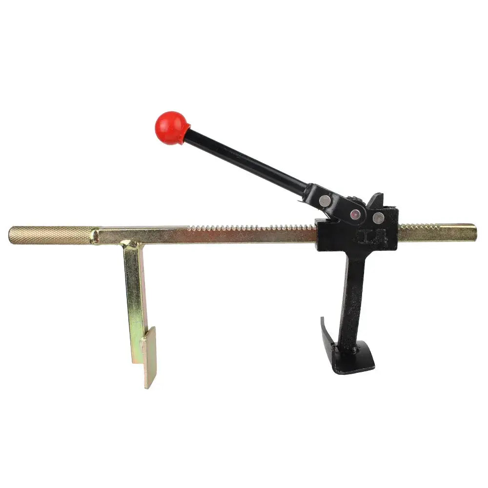 Manual tire changer tool, steel construction with black lever and red-knob bead breaker