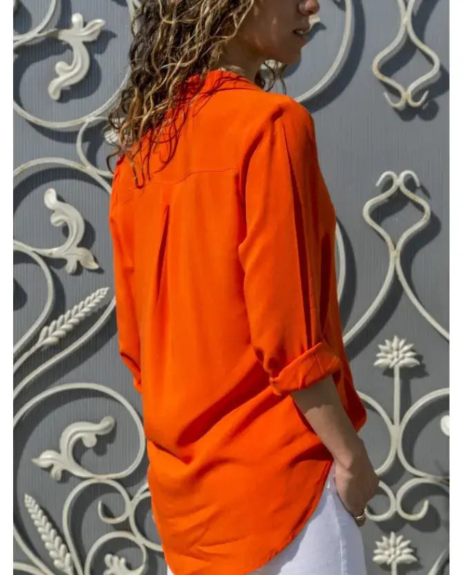 Autumn Shirt women's orange polo-collar blouse, loose button-up top