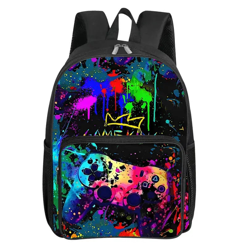 GamePad patterned backpack with black base and colorful paint-splatter design; front pocket game controller graphic.