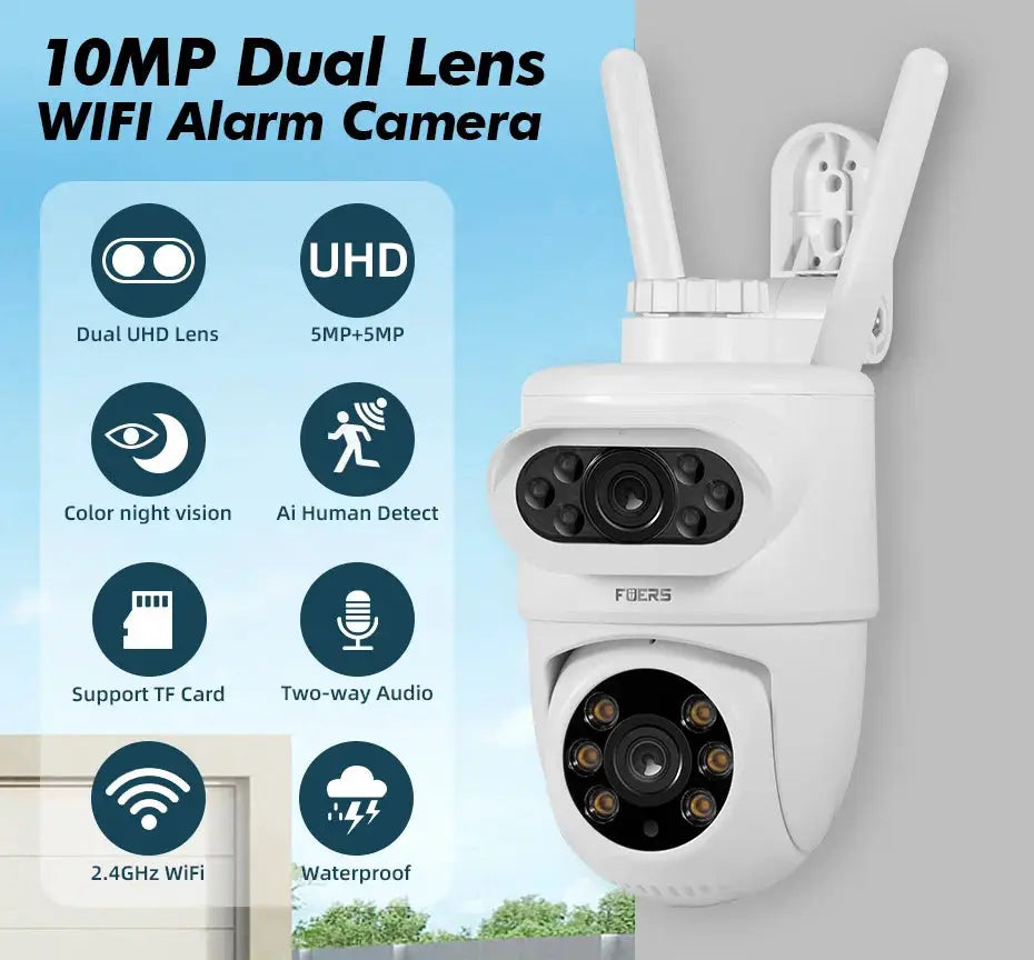 FUERS white outdoor dual-lens WiFi security camera with 2.4GHz WiFi and waterproof design