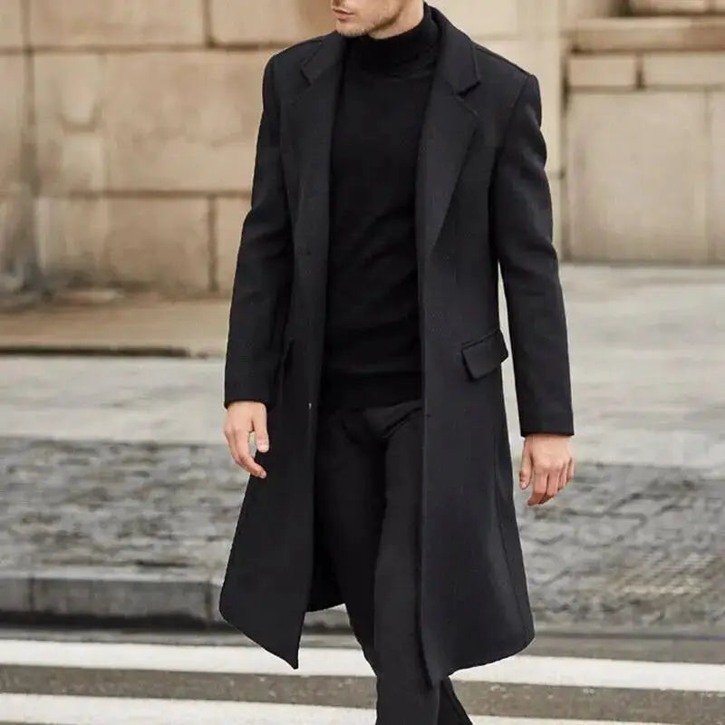 Simples Market men's black wool long coat with notch lapels and front pockets