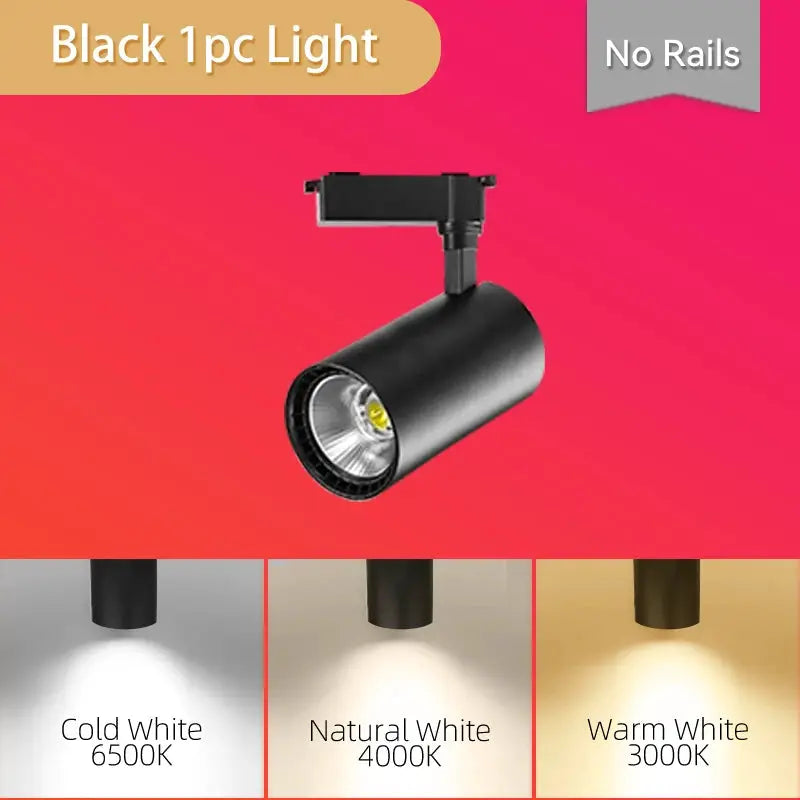 LED track light Simples Market, black cylindrical spotlight on rail; 20/30/40/50W, cold/natural/warm white.