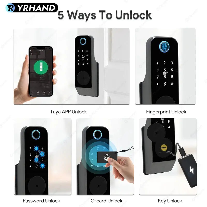Simples Market black fingerprint smart door lock with 5 unlock options: Tuya app, fingerprint, password, IC-card, key.