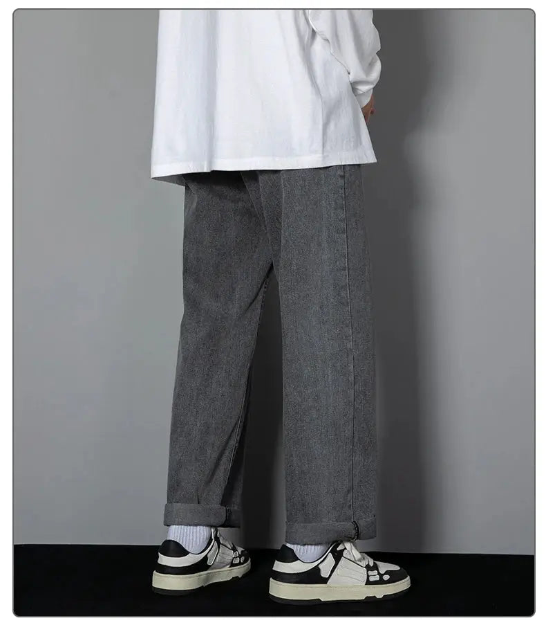 Simples Market men's jeans; grey denim, casual long wide-leg with rolled cuffs