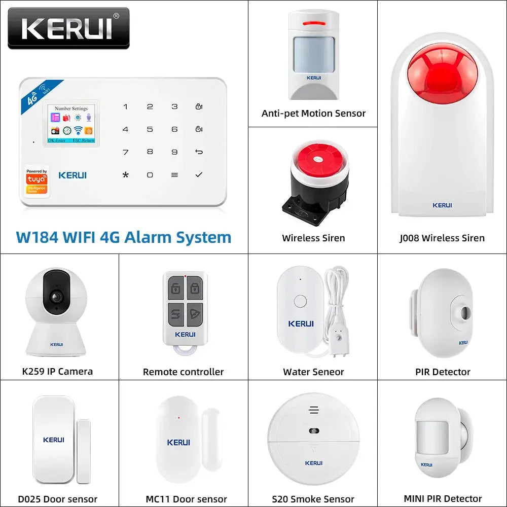 KERUI W184 4G WIFI Alarm System Kit; 12 white components including motion sensor, IP camera, siren and door/smoke sensors