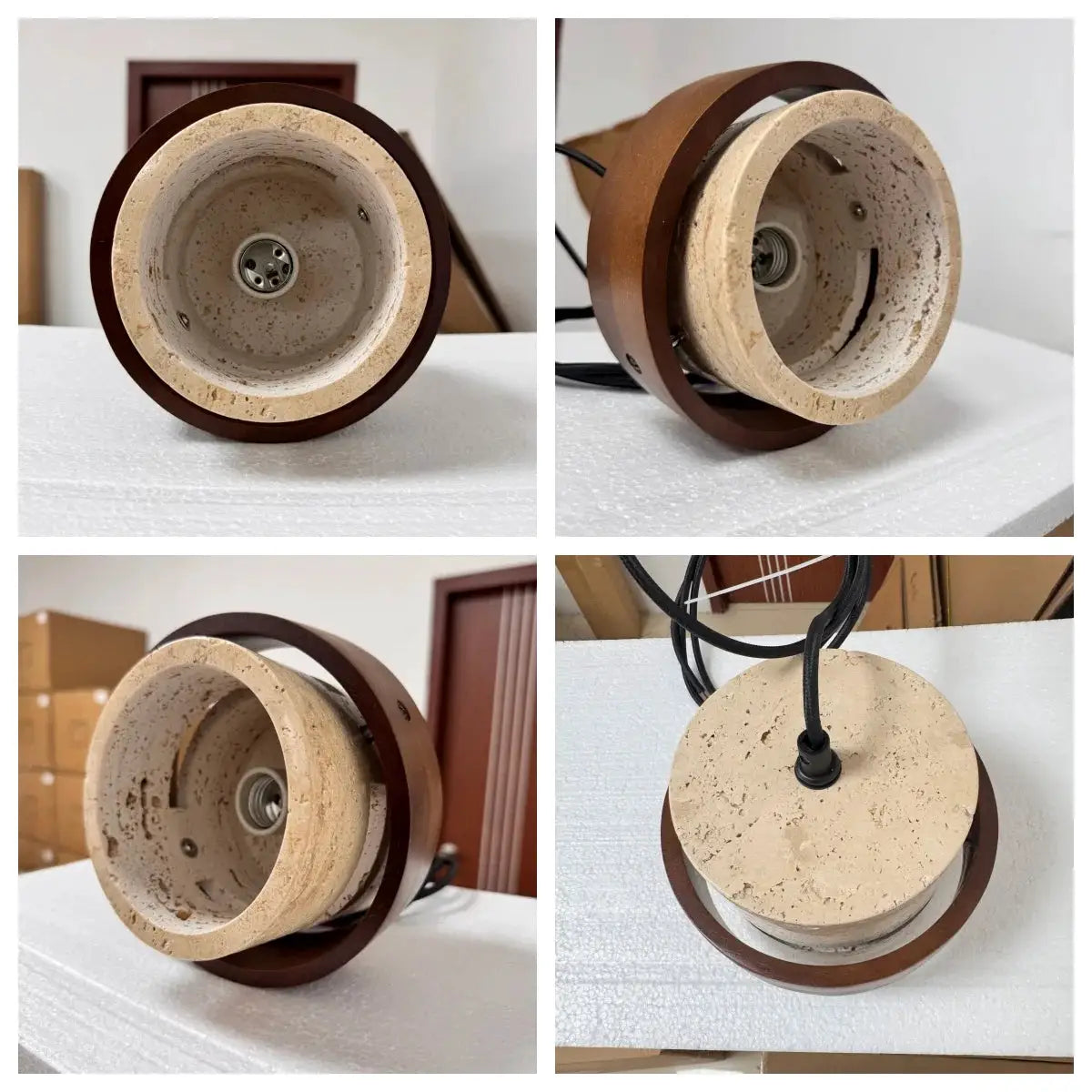 Bar pendant lamp in Japanese wabi-sabi style with beige stone core, brown ring, and black cord