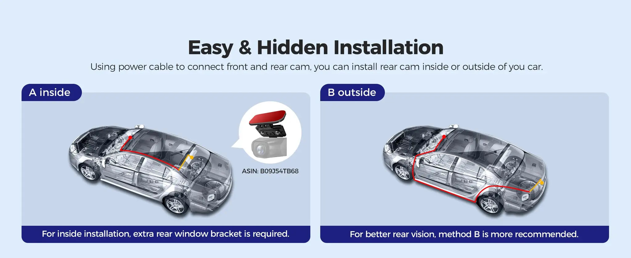AZDOME M550 Max dash cam by Simples Market; shows inside and outside installation options with rear-bracket guidance.