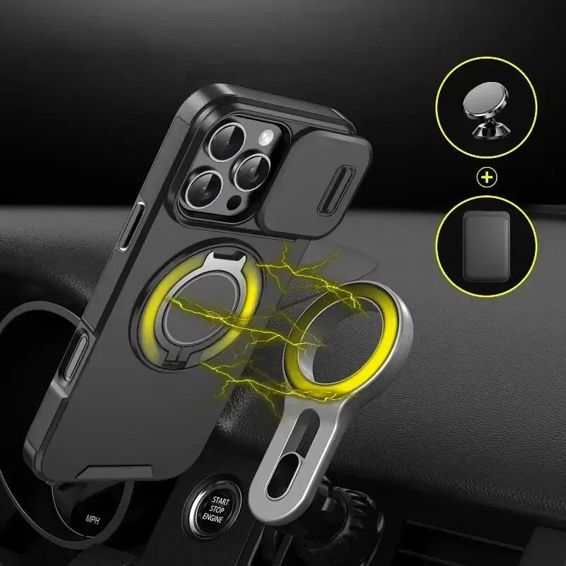 Simples Market rugged magnetic iPhone case with PC cover and car-mount ring in black