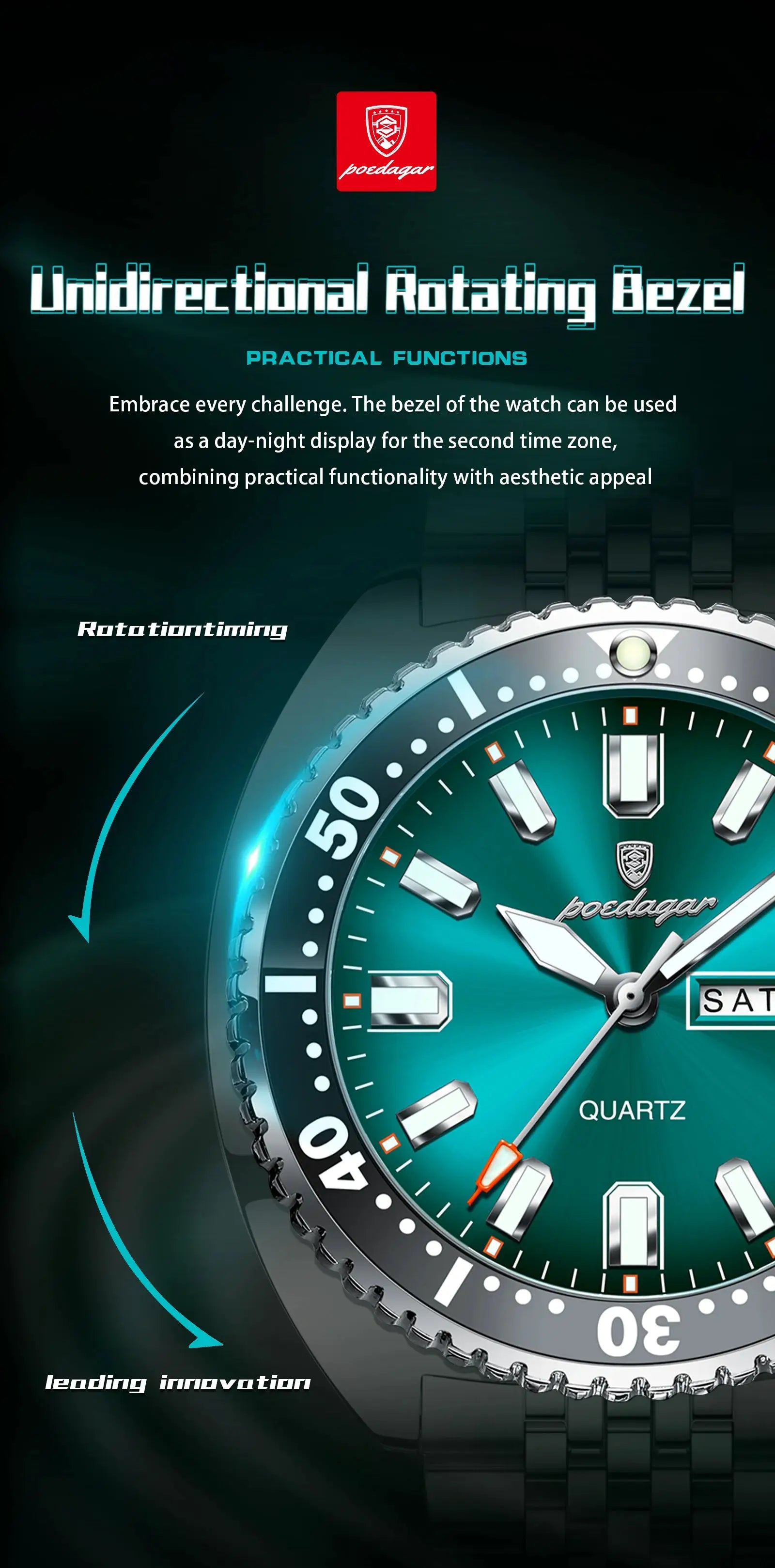 POEDAGAR luxury men's wristwatch with teal dial, stainless steel bracelet, unidirectional rotating bezel